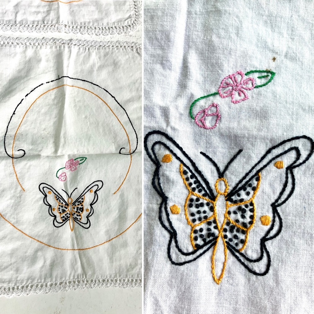 Vintage 40’s embroidered butterfly linen tea towel & napkins set of 3
